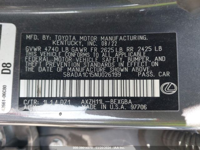 Photo 8 VIN: 58ADA1C15NU026199 - LEXUS ES 300H 