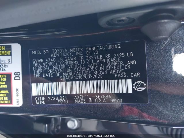 Photo 8 VIN: 58ADA1C16PU032628 - LEXUS ES 