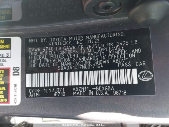 Photo 8 VIN: 58ADA1C17NU017164 - LEXUS ES 