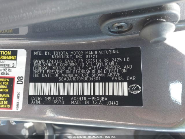 Photo 8 VIN: 58ADA1C19MU004804 - LEXUS ES 300H 