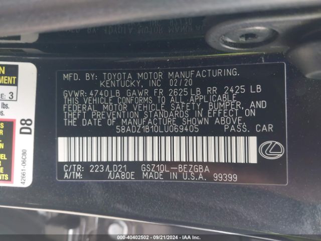 Photo 8 VIN: 58ADZ1B10LU069405 - LEXUS ES 