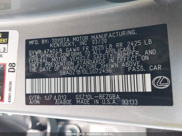 Photo 8 VIN: 58ADZ1B10LU072496 - LEXUS ES 