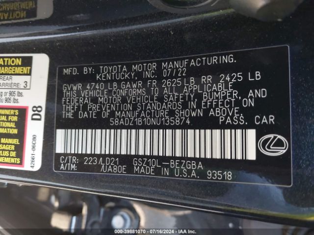 Photo 8 VIN: 58ADZ1B10NU135874 - LEXUS ES 