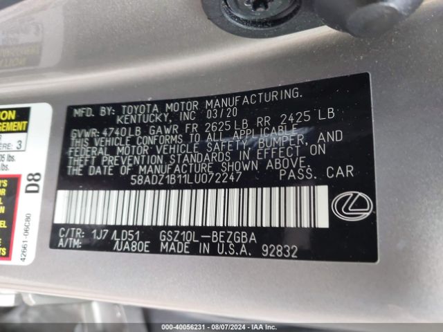 Photo 8 VIN: 58ADZ1B11LU072247 - LEXUS ES 