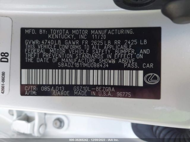 Photo 8 VIN: 58ADZ1B11MU088434 - LEXUS ES 350 