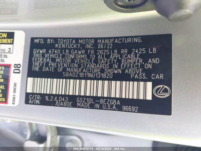 Photo 8 VIN: 58ADZ1B11NU131820 - LEXUS ES 350 