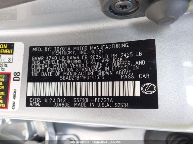 Photo 8 VIN: 58ADZ1B11PU141315 - LEXUS ES 