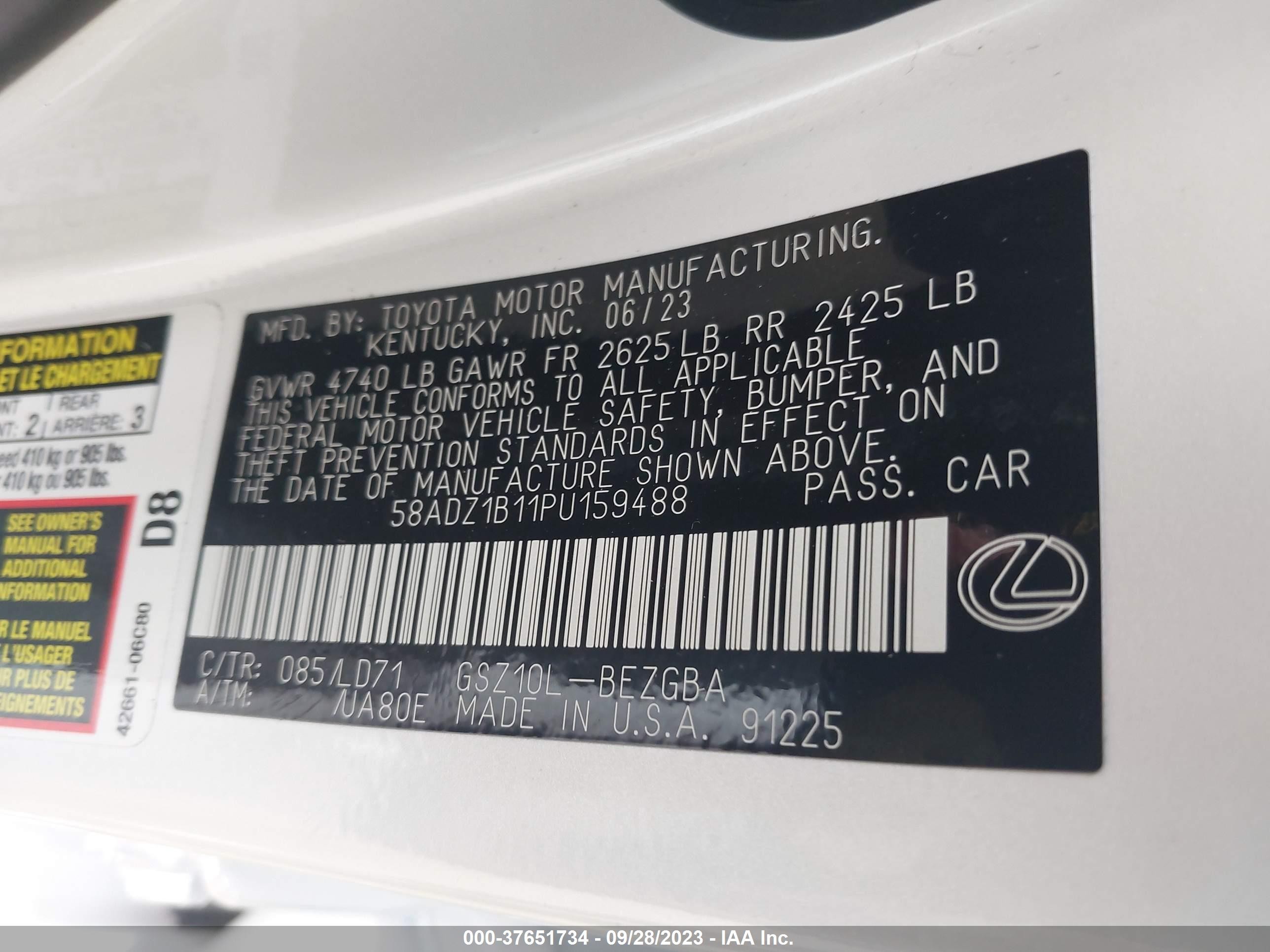 Photo 8 VIN: 58ADZ1B11PU159488 - LEXUS ES 