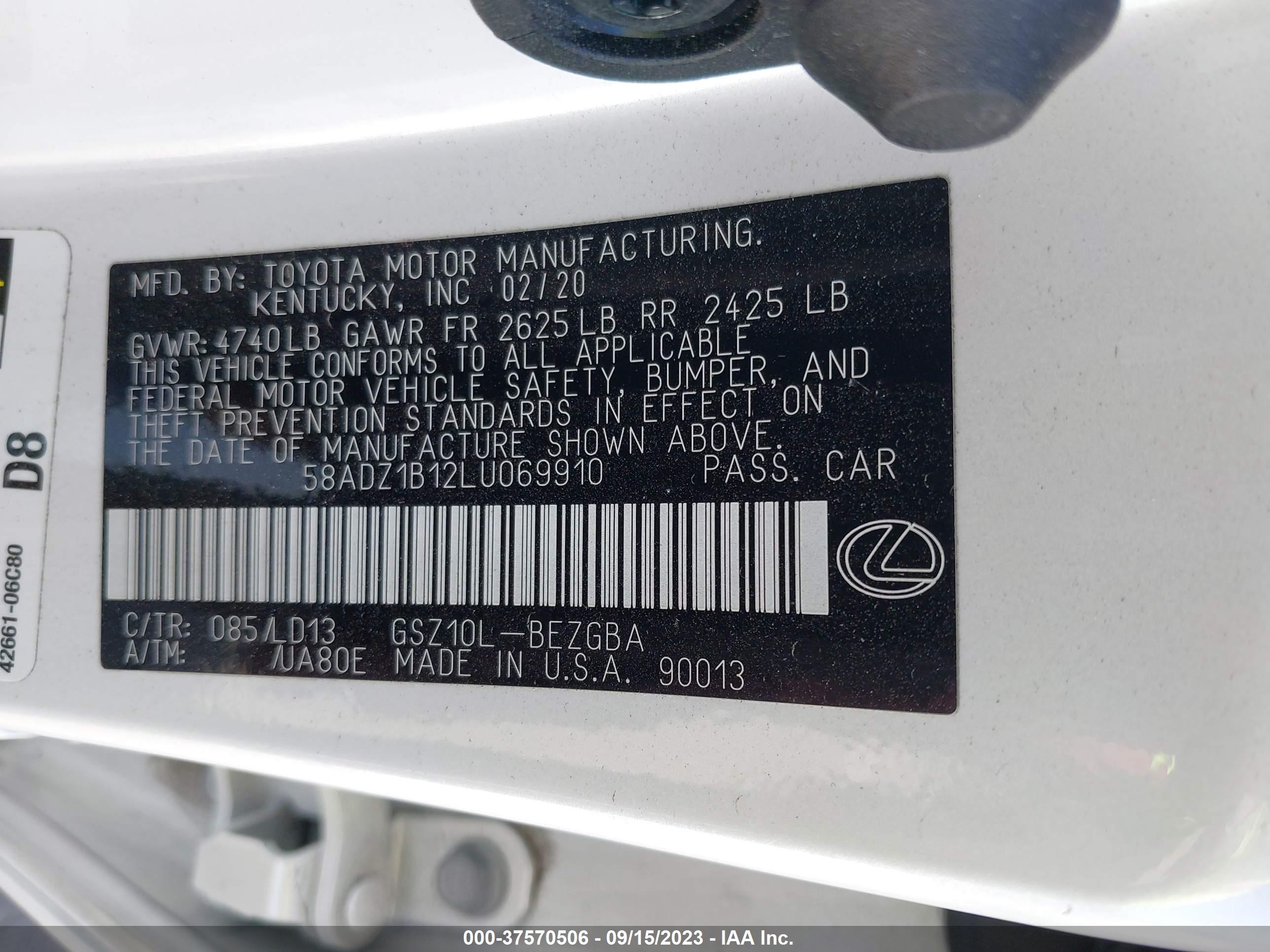 Photo 8 VIN: 58ADZ1B12LU069910 - LEXUS ES 