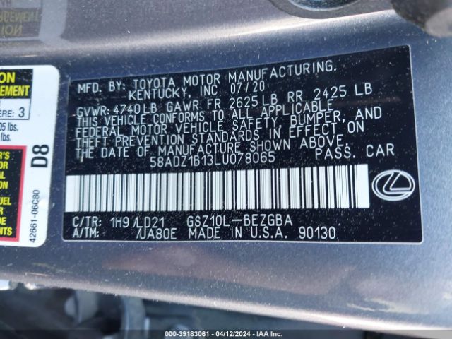 Photo 8 VIN: 58ADZ1B13LU078065 - LEXUS ES 350 