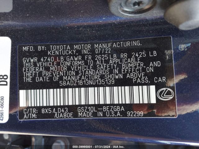 Photo 8 VIN: 58ADZ1B13NU135139 - LEXUS ES 