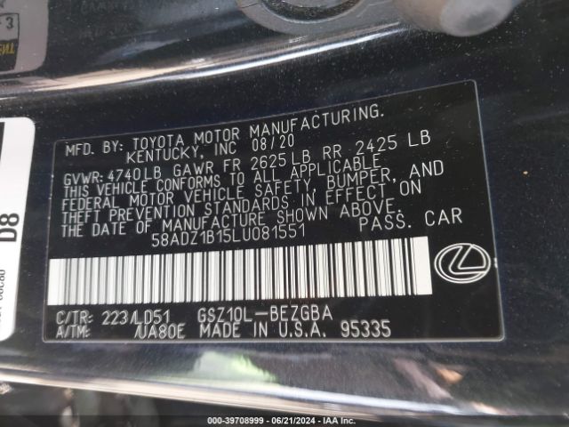 Photo 8 VIN: 58ADZ1B15LU081551 - LEXUS ES 