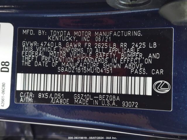 Photo 8 VIN: 58ADZ1B15MU104151 - LEXUS ES 350 