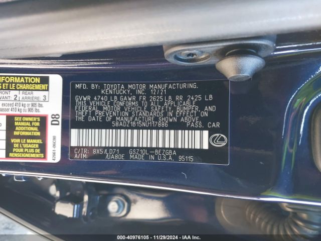 Photo 8 VIN: 58ADZ1B15NU117886 - LEXUS ES 