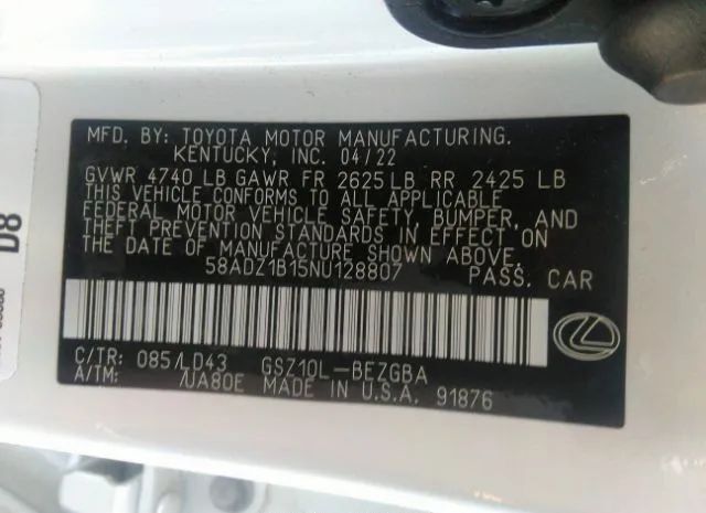 Photo 8 VIN: 58ADZ1B15NU128807 - LEXUS ES 