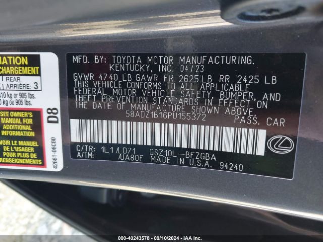 Photo 8 VIN: 58ADZ1B16PU155372 - LEXUS ES 