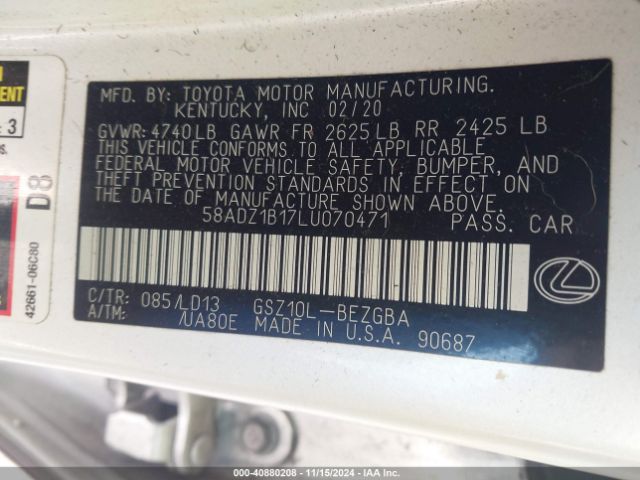 Photo 8 VIN: 58ADZ1B17LU070471 - LEXUS ES 