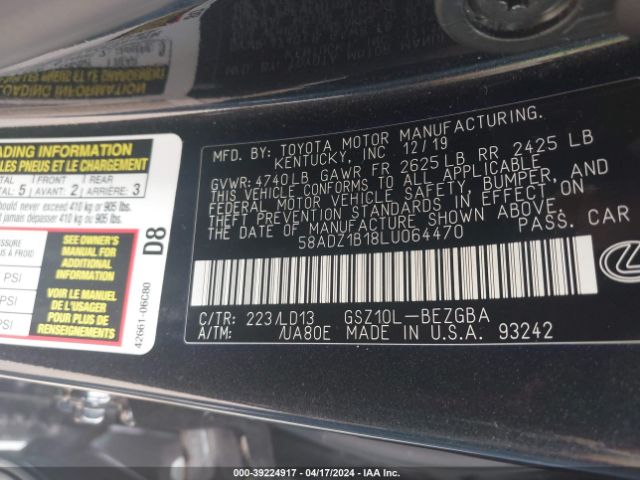 Photo 8 VIN: 58ADZ1B18LU064470 - LEXUS ES 350 