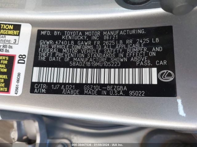 Photo 8 VIN: 58ADZ1B19MU105223 - LEXUS ES 350 