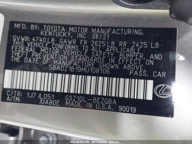 Photo 8 VIN: 58ADZ1B19MU108106 - LEXUS ES 