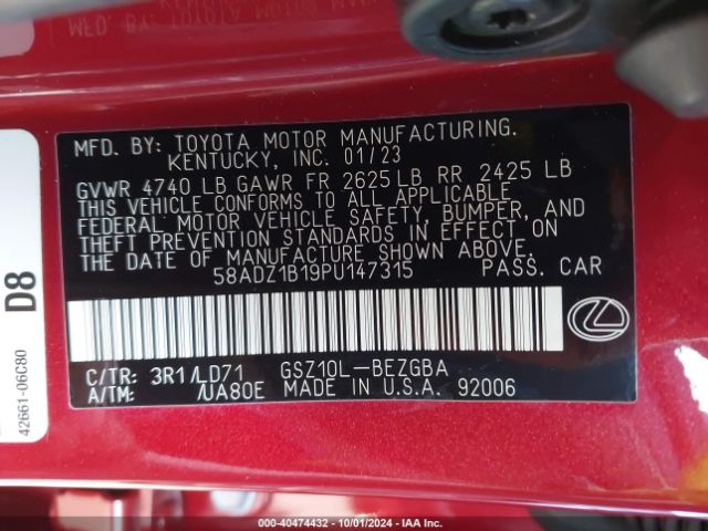 Photo 8 VIN: 58ADZ1B19PU147315 - LEXUS ES 