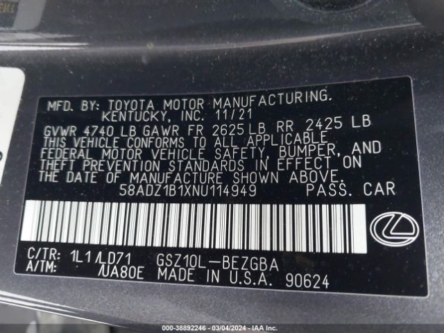 Photo 8 VIN: 58ADZ1B1XNU114949 - LEXUS ES 350 