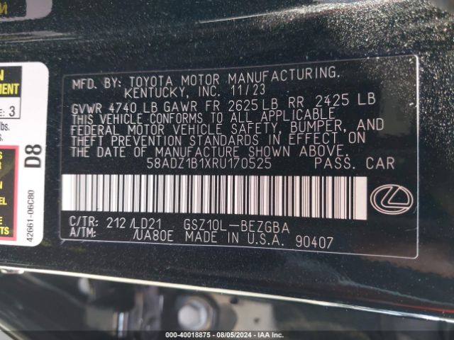 Photo 8 VIN: 58ADZ1B1XRU170525 - LEXUS ES 