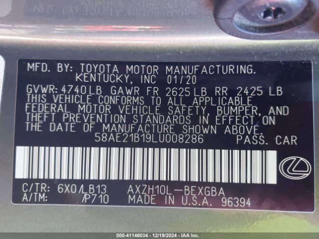 Photo 8 VIN: 58AE21B19LU008286 - LEXUS ES 