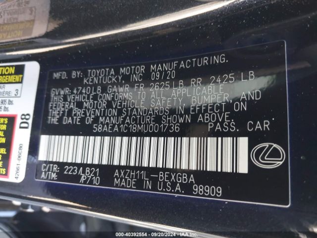 Photo 8 VIN: 58AEA1C18MU001736 - LEXUS ES 