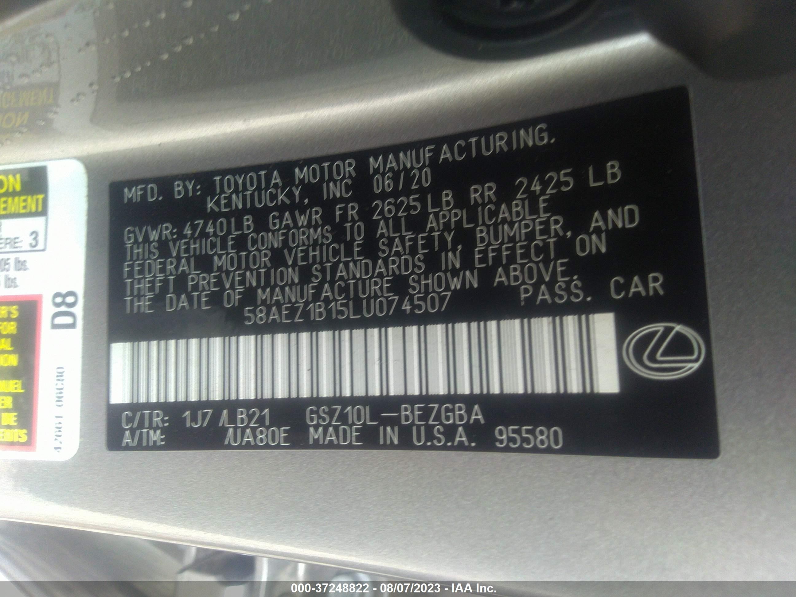 Photo 8 VIN: 58AEZ1B15LU074507 - LEXUS ES 