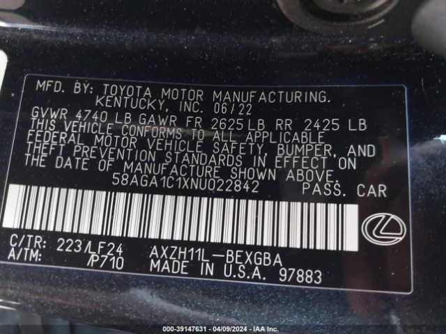 Photo 8 VIN: 58AGA1C1XNU022842 - LEXUS ES 300H 