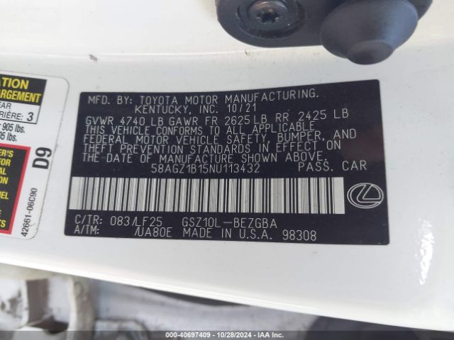 Photo 8 VIN: 58AGZ1B15NU113432 - LEXUS ES 