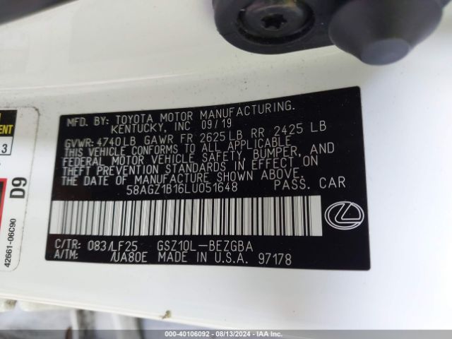 Photo 8 VIN: 58AGZ1B16LU051648 - LEXUS ES 