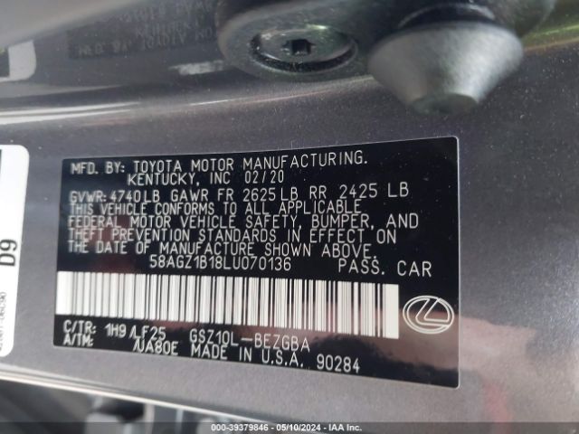 Photo 8 VIN: 58AGZ1B18LU070136 - LEXUS ES 350 