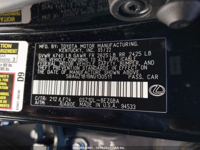 Photo 8 VIN: 58AGZ1B19NU130511 - LEXUS ES 350 