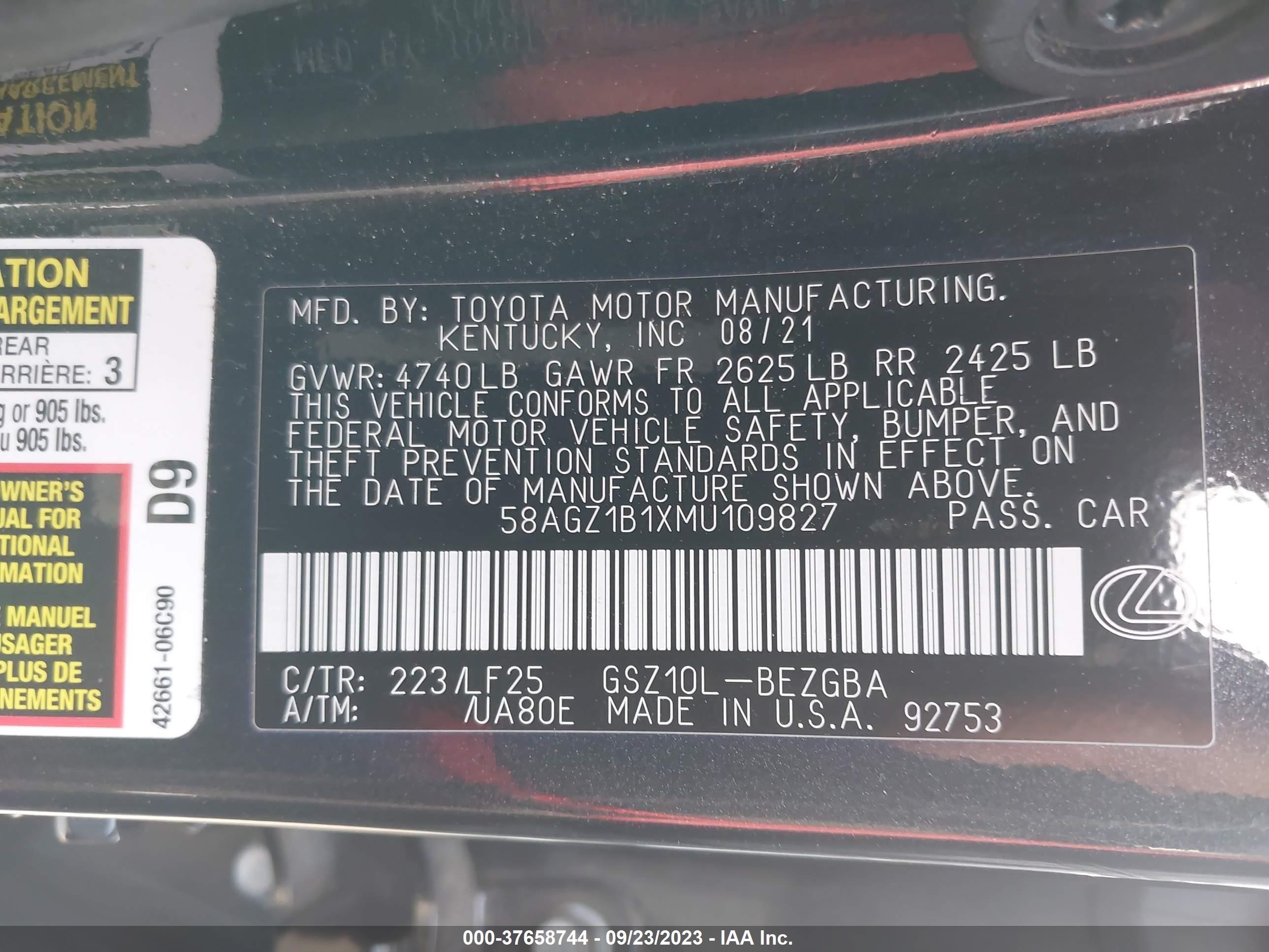 Photo 8 VIN: 58AGZ1B1XMU109827 - LEXUS ES 