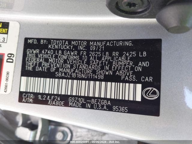 Photo 8 VIN: 58AJZ1B16NU111498 - LEXUS ES 