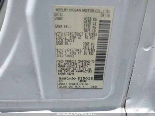 Photo 8 VIN: 5BZBF0AA2GN855018 - NISSAN NV PASSENGER NV3500 HD 