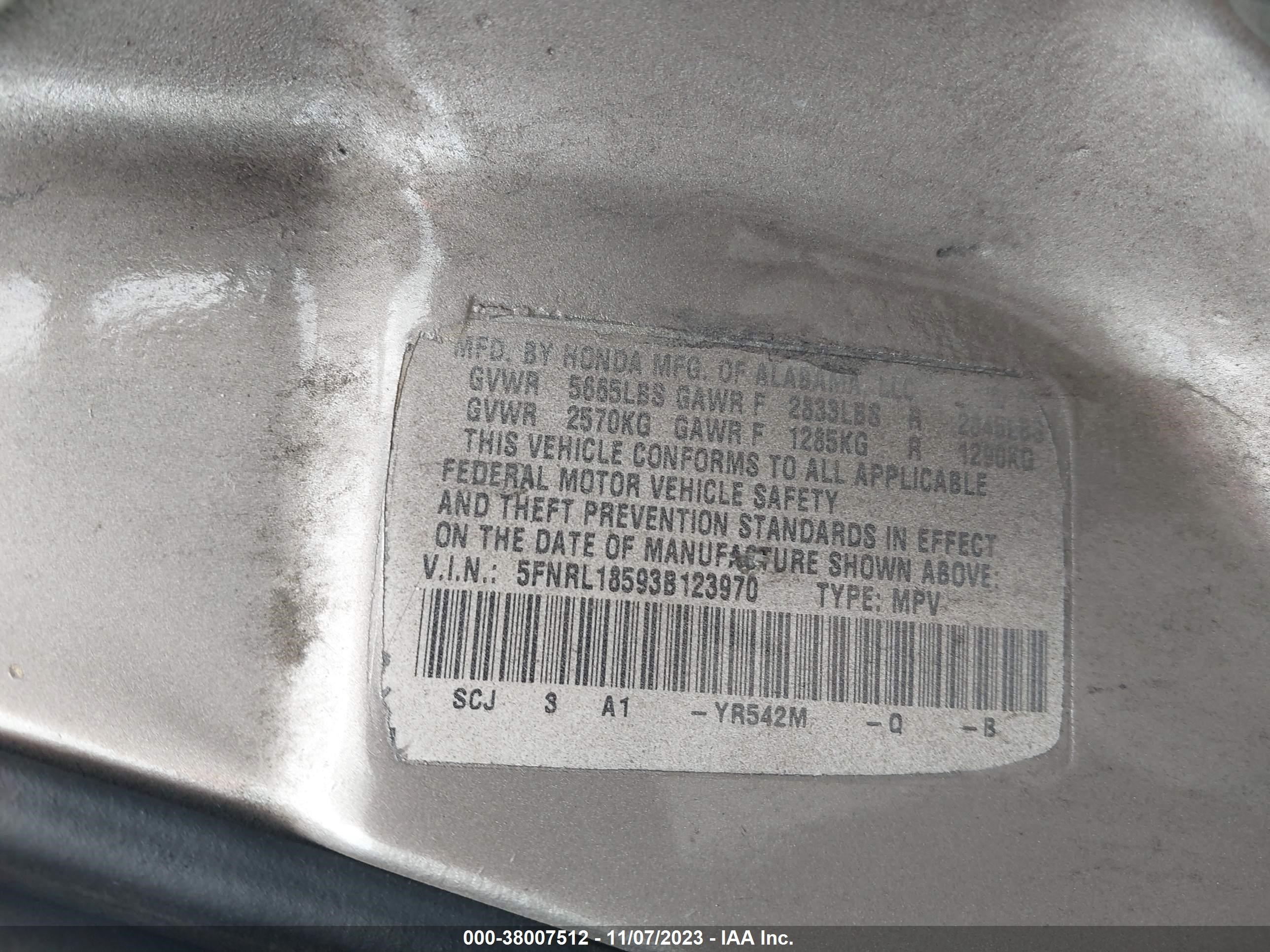 Photo 8 VIN: 5FNRL18593B123970 - HONDA ODYSSEY 