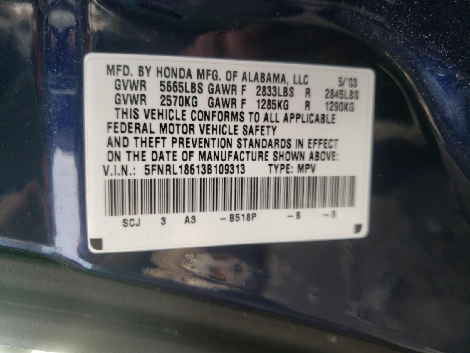 Photo 9 VIN: 5FNRL18613B109313 - HONDA ODYSSEY EX 