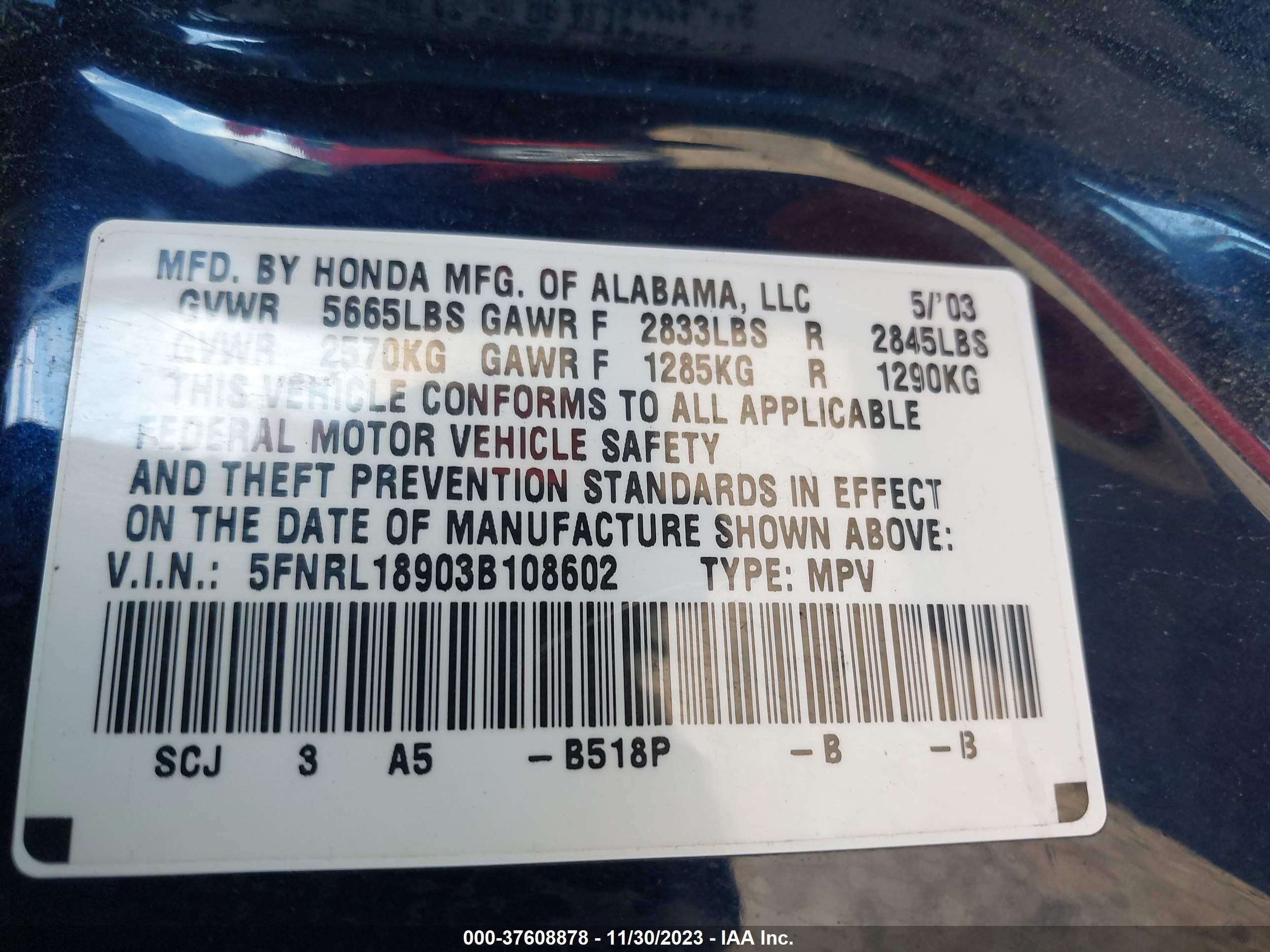 Photo 8 VIN: 5FNRL18903B108602 - HONDA ODYSSEY 