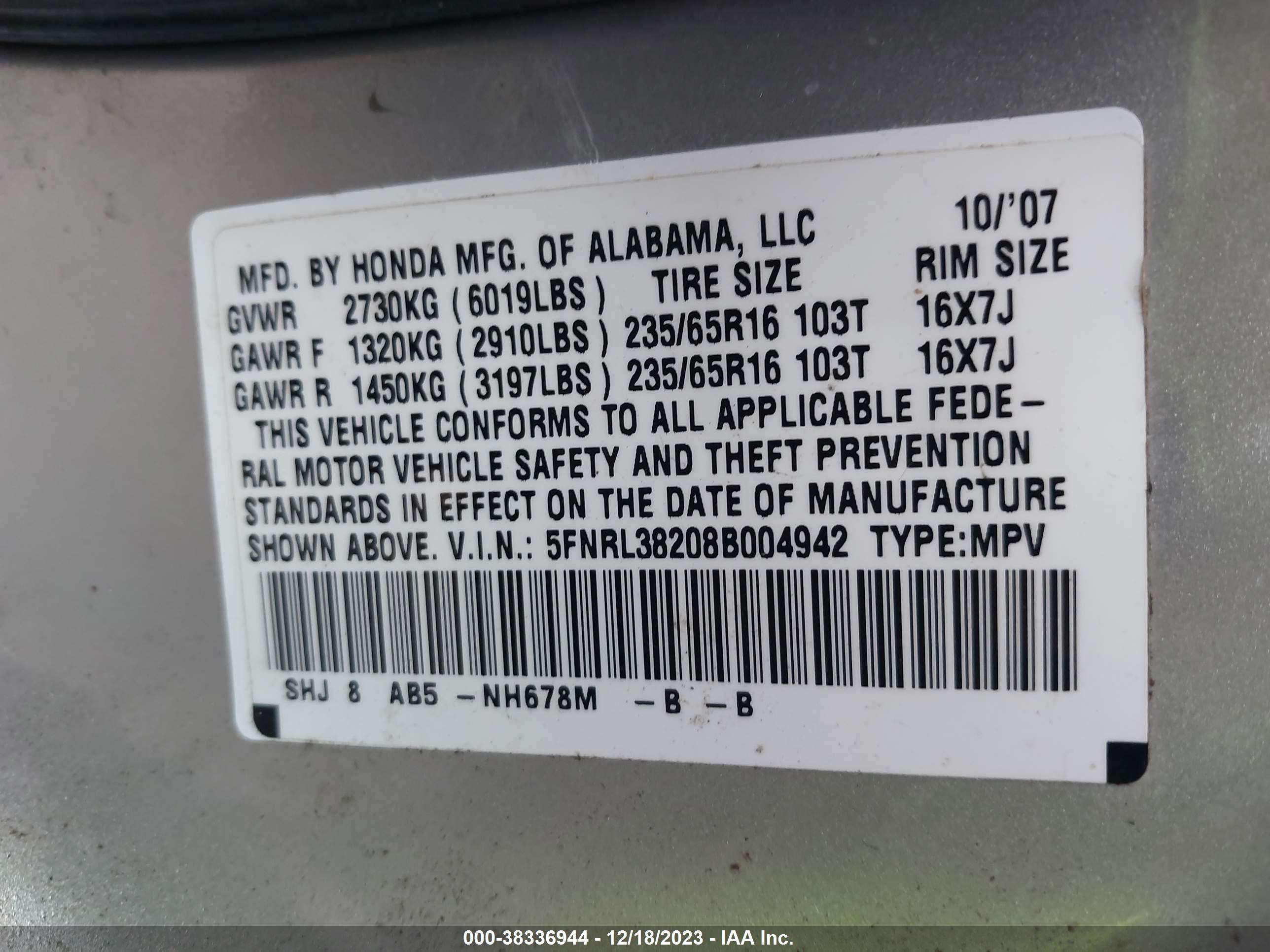 Photo 8 VIN: 5FNRL38208B004942 - HONDA ODYSSEY 