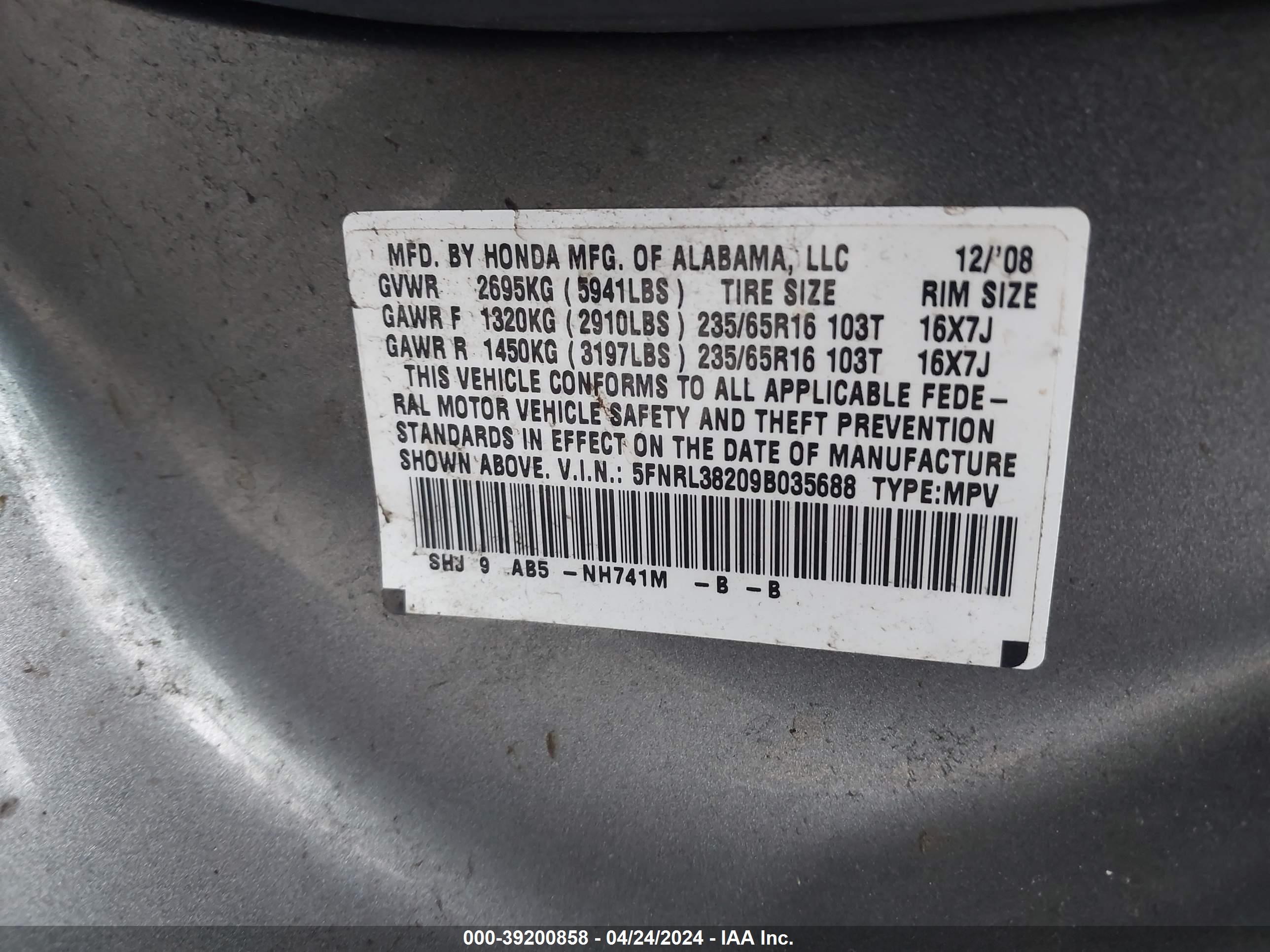 Photo 8 VIN: 5FNRL38209B035688 - HONDA ODYSSEY 