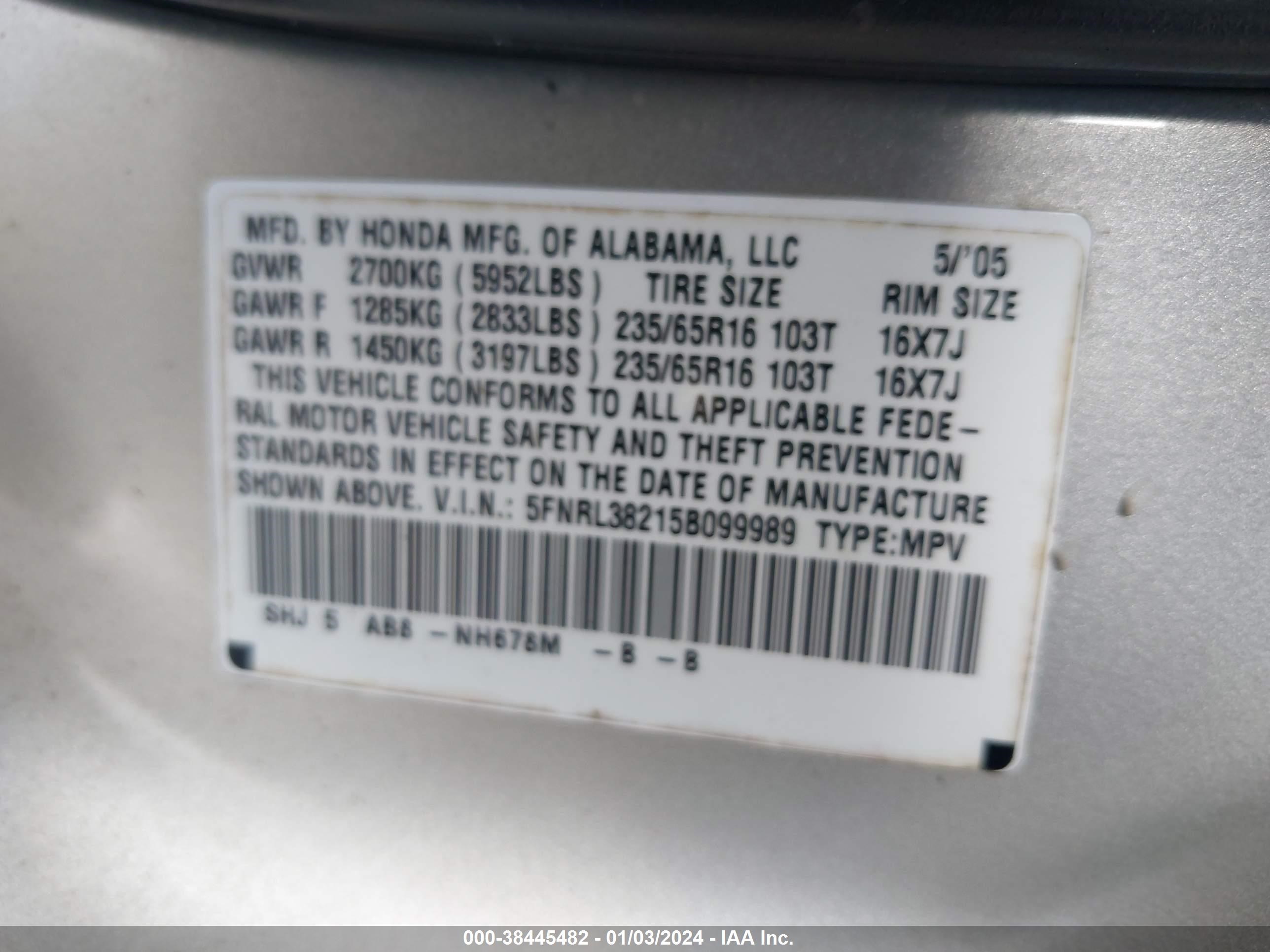 Photo 8 VIN: 5FNRL38215B099989 - HONDA ODYSSEY 