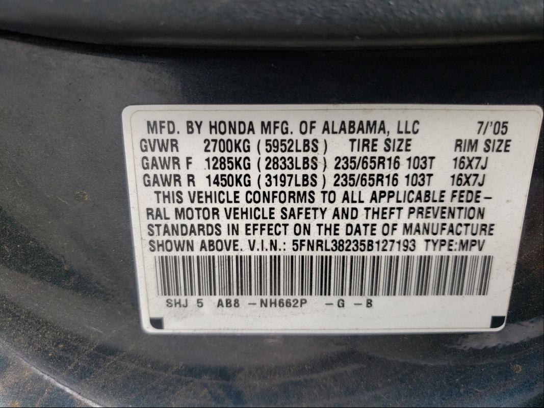 Photo 9 VIN: 5FNRL38235B127193 - HONDA ODYSSEY 