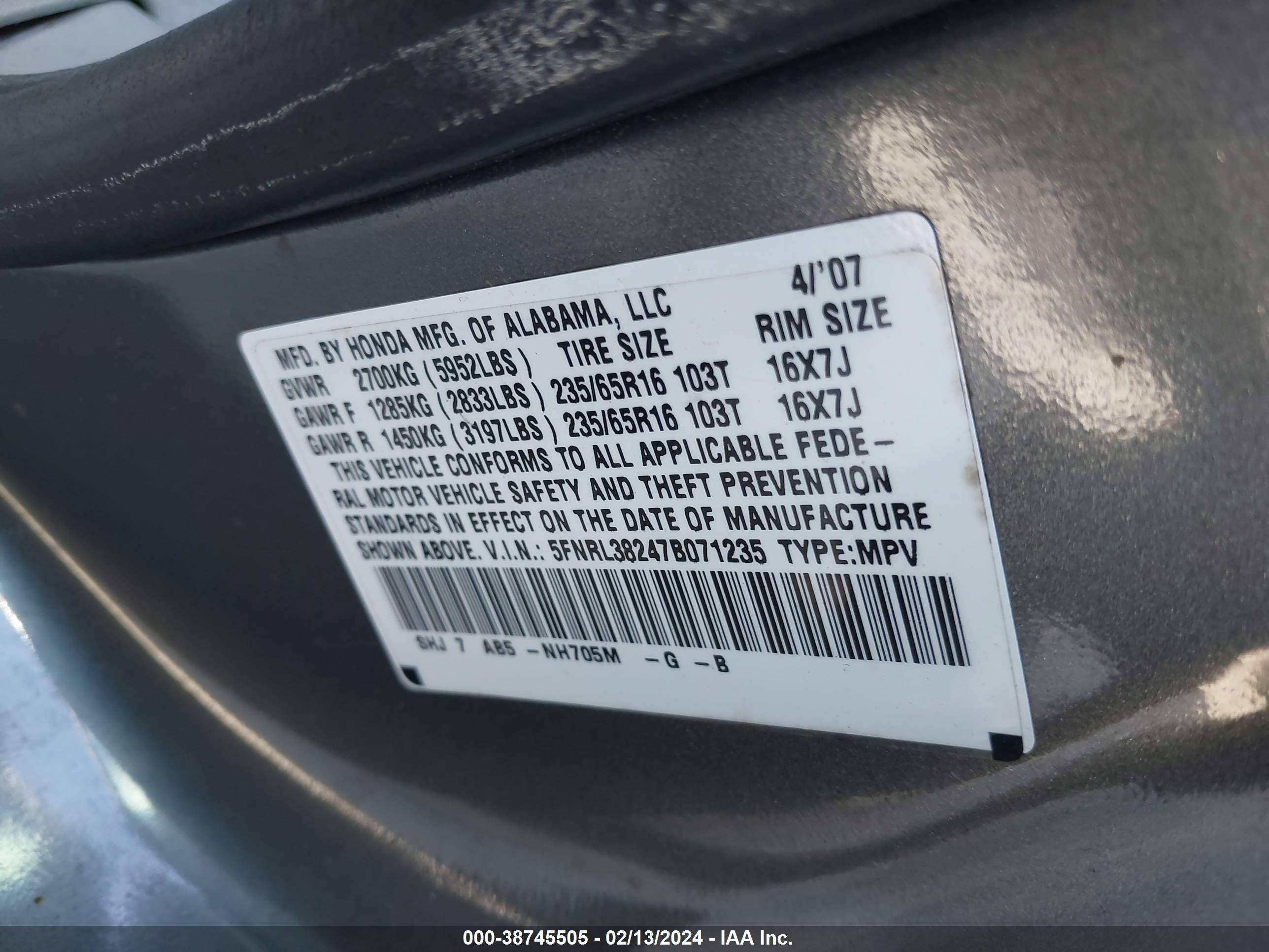 Photo 8 VIN: 5FNRL38247B071235 - HONDA ODYSSEY 