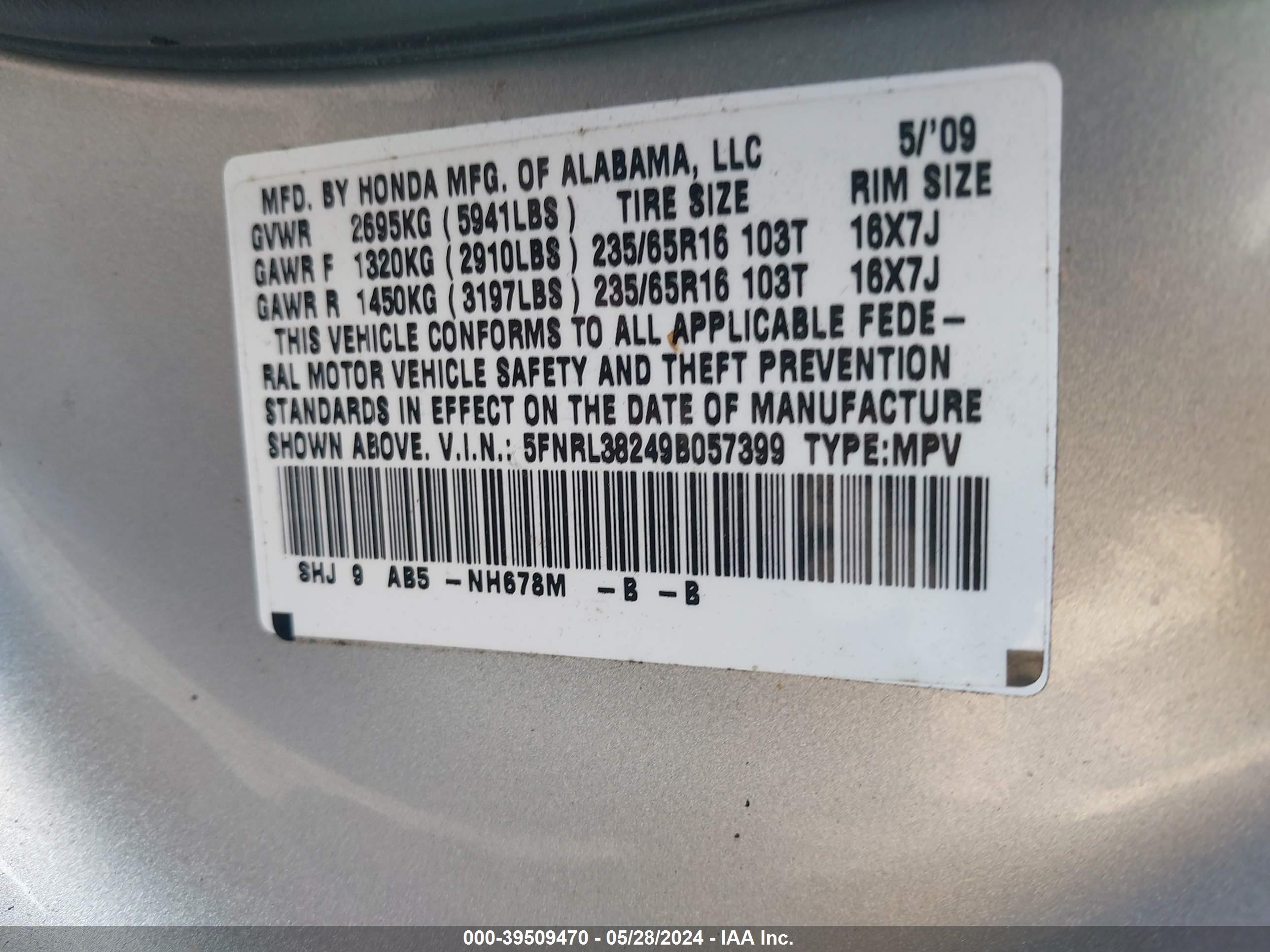 Photo 8 VIN: 5FNRL38249B057399 - HONDA ODYSSEY 