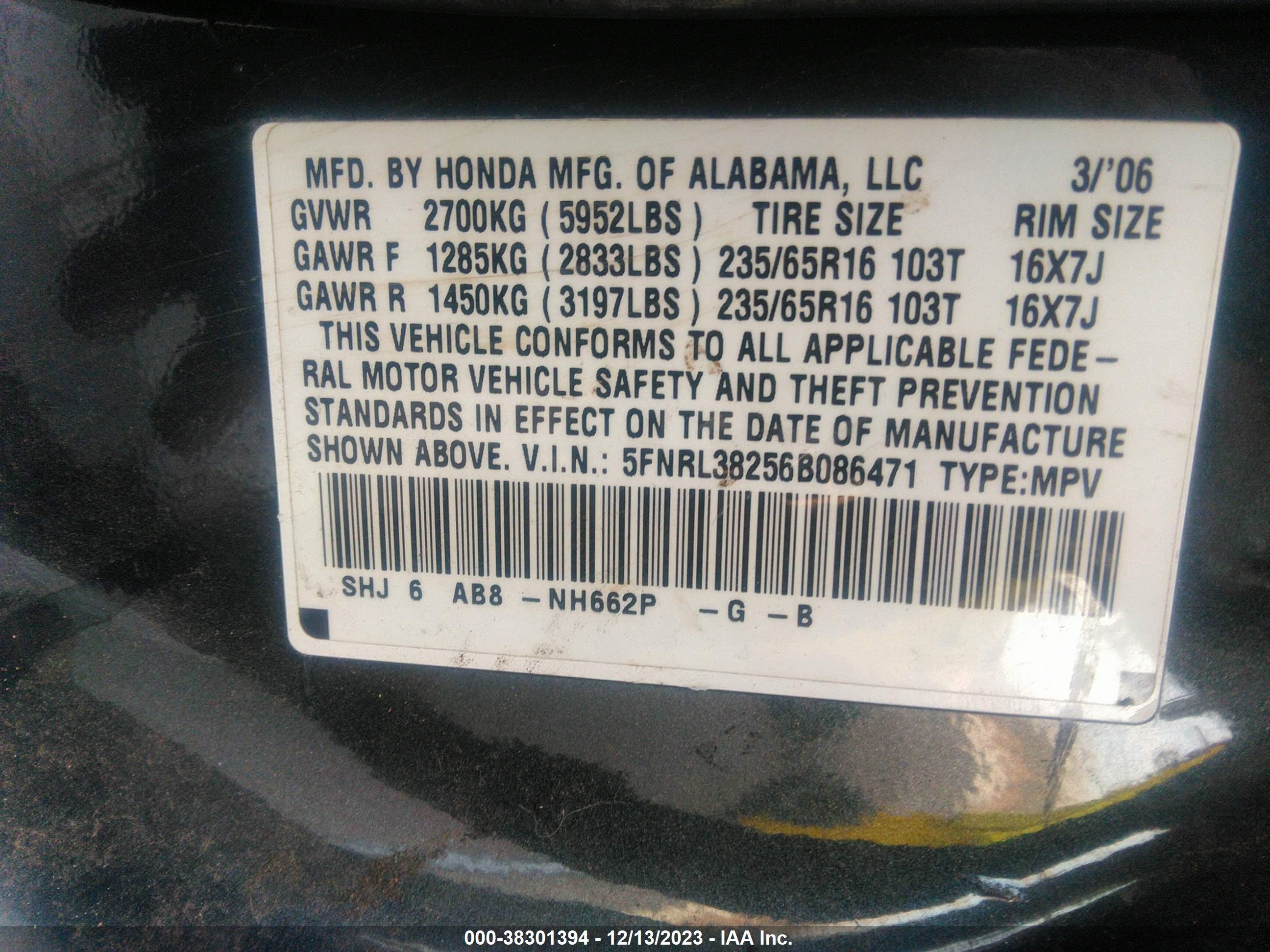 Photo 8 VIN: 5FNRL38256B086471 - HONDA ODYSSEY 