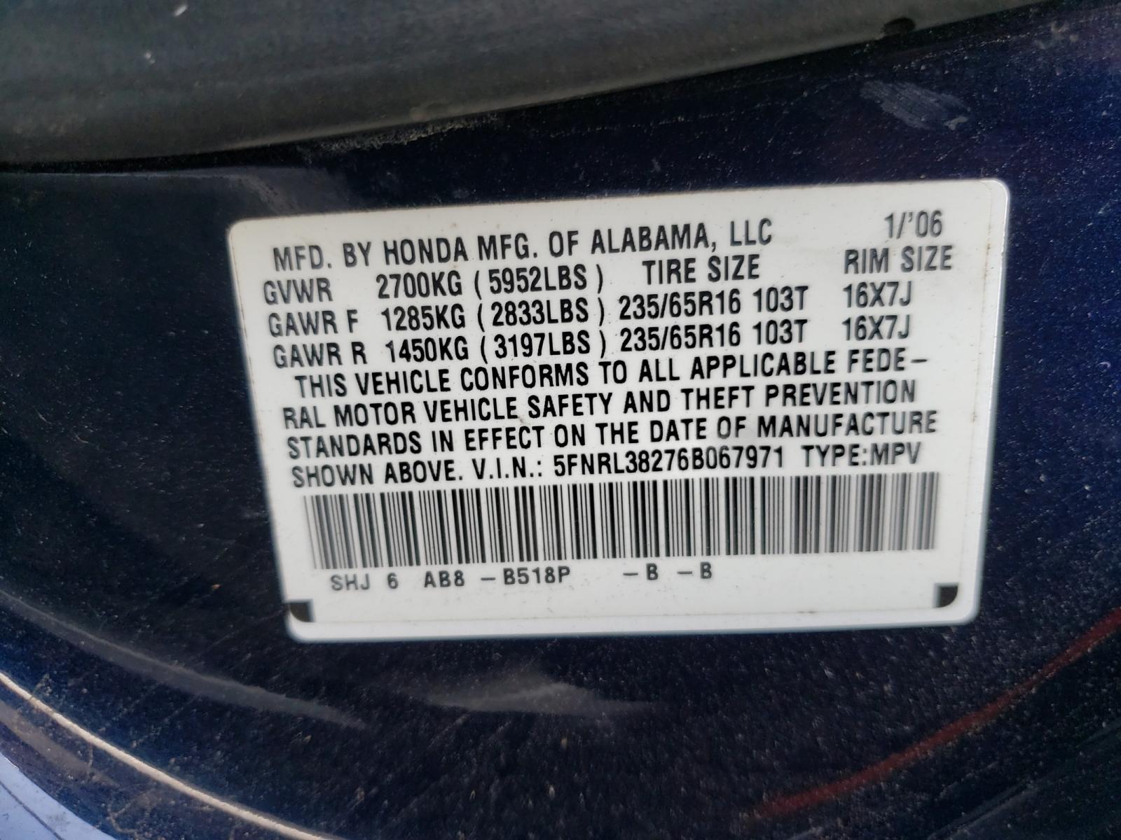 Photo 9 VIN: 5FNRL38276B067971 - HONDA ODYSSEY LX 