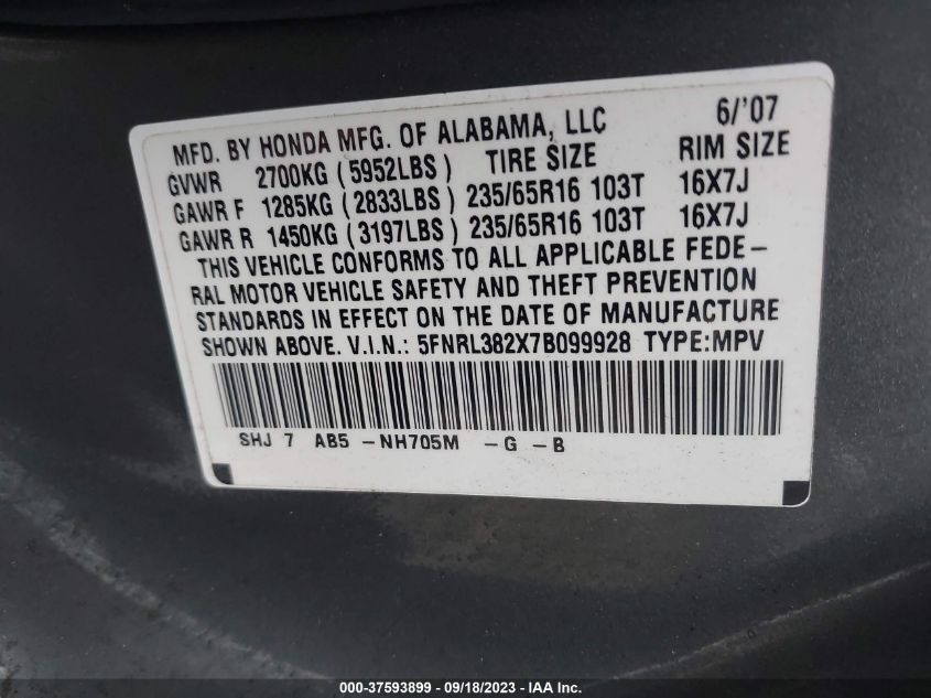 Photo 8 VIN: 5FNRL382X7B099928 - HONDA ODYSSEY 